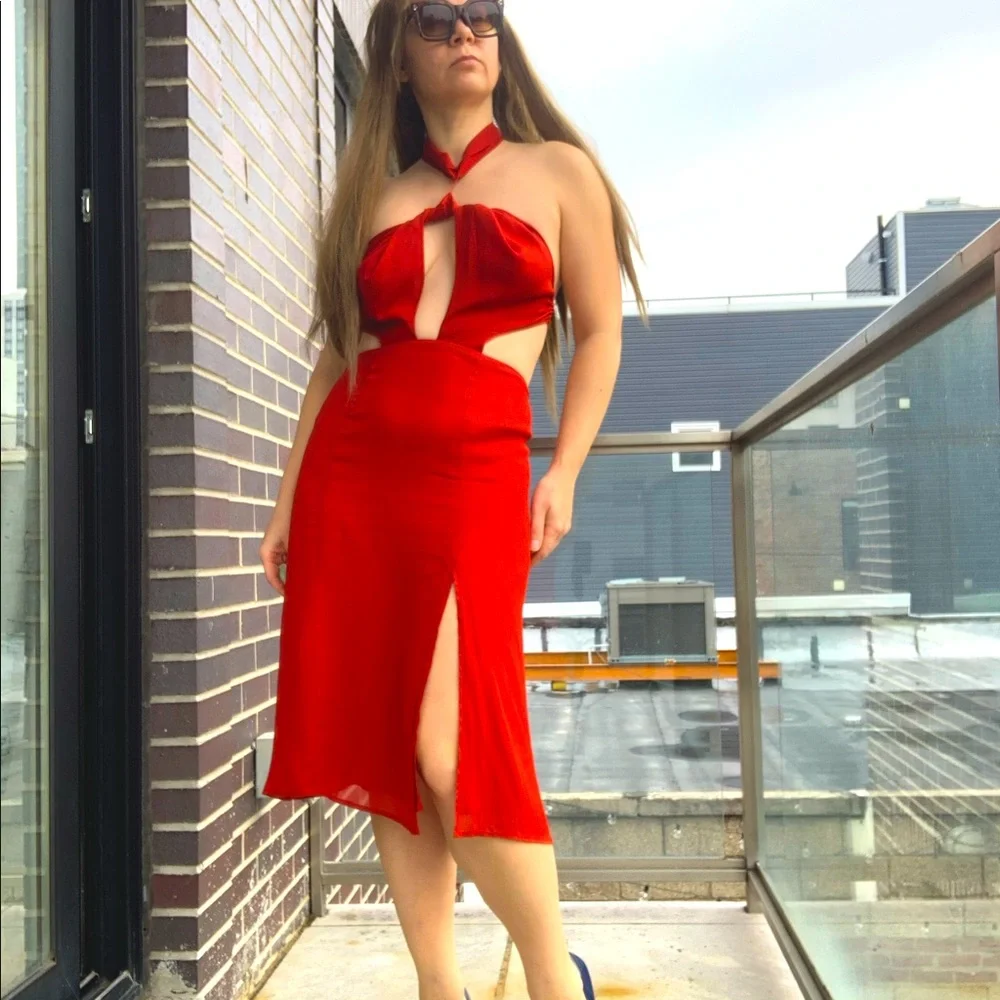 Reformation Neck Chocker Strappy Cherry MIDI Dress